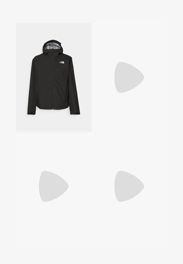 The North Face WHITON JACKET - Jachetă hardshell - black; Tricou negru cu mânecă scurtă, realizat dintr-un material ușor. Prezintă un mic logo alb pe pieptul stâng și accente subtile pe umeri.; Pantaloni atletici negri, confecționați dintr-un material ușor, cu un tiv elastic la talie, buzunare laterale și tivuri ajustate la gleznă.; Pantof sport negru cu superior din plasă, talpă din cauciuc și guler căptușit. Include șireturi, logo pe lateral și un design texturat.