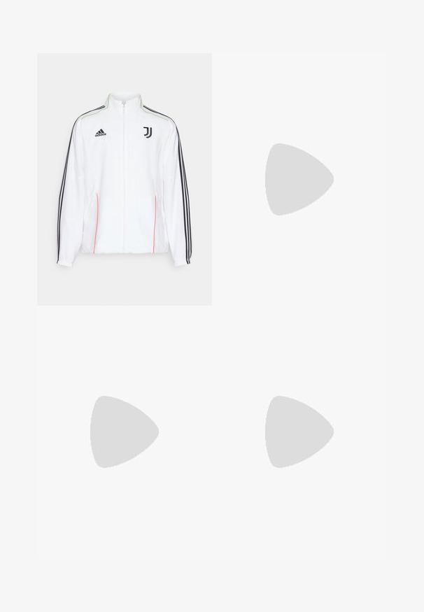 Weißer Trainingsjacke mit schwarzen Streifen an den Ärmeln, schwarzem Adidas-Logo und Juventus-Wappen. Mit hohem Kragen und durchgehendem Reißverschluss.; Schwarzes, kurzärmeliges Sport-T-Shirt aus leichtem Material mit einem dezenten reflektierenden Adidas-Logo auf der Brust.; Schwarze Sporthosen mit elastischem Bund, mit weißen Streifen an den Seiten und einem kleinen Logo an der Hüfte. Glatte Textur.; Schwarzer Sportschuh mit einem Mesh-Design, ausgestattet mit weißen Streifen, einer runden Zehenpartie und einer strukturierten Sohle für Grip und Unterstützung.