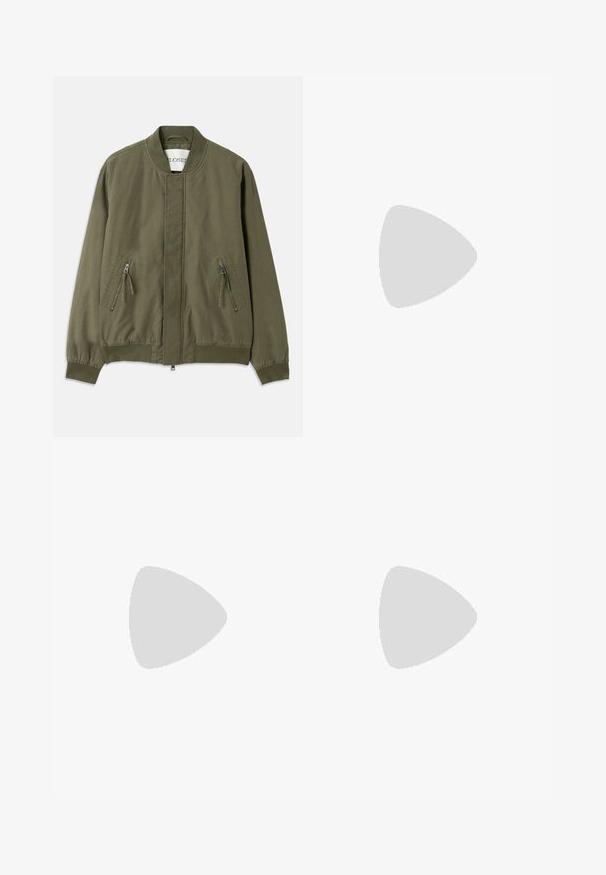 Olive green bomber jacket with a round neck, two zippered front pockets, elastic cuffs, and a clean, minimalist design. Casual fabric texture.; Black short-sleeve oversized T-shirt with round neckline and visible Filippa K brand label inside the collar.; Black tailored trousers with a straight-leg design, made of smooth fabric, featuring a front button closure and two side pockets.; Black leather loafer with a glossy finish, rounded toe, subtle stitching details, and a thick rubber sole for durability.