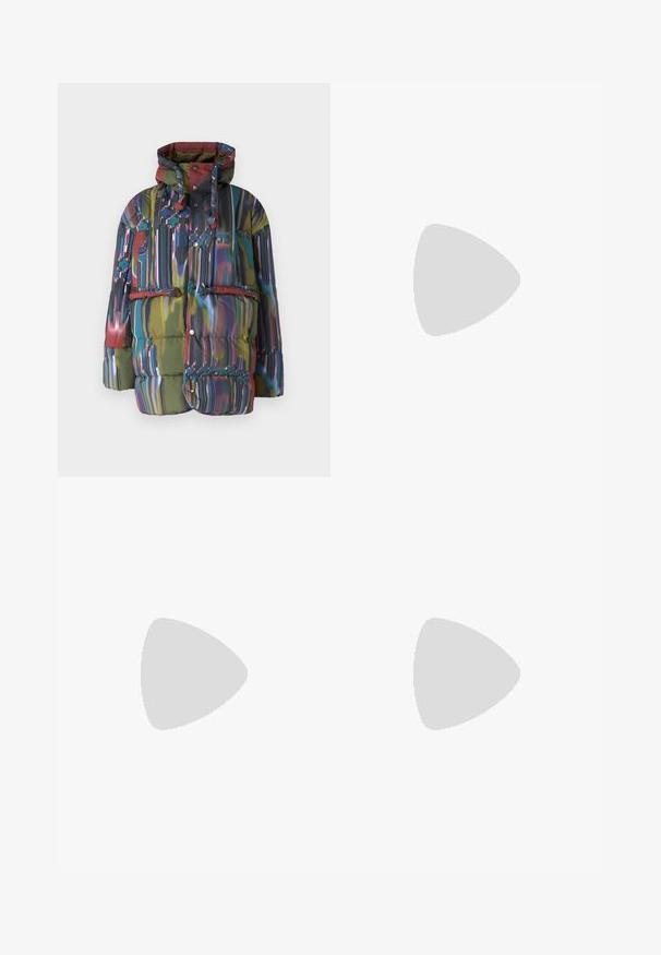 Padded jacket with a multicolored abstract design. Contains a hood, snap buttons, and a front pocket with a flap. Fabric is glossy and textured.; Black cotton t-shirt with short sleeves, round neck, and a small white logo on the bottom left. Classic, boxy fit with minimal detailing.; Black tailored trousers with a high waist, featuring pleats at the front, a straight leg design, and a cuffed hem. Made from smooth fabric.; Black suede sneakers with a low-profile design, textured surface, flat laces, and a rubber sole. Features subtle contrasting stripes and branding.