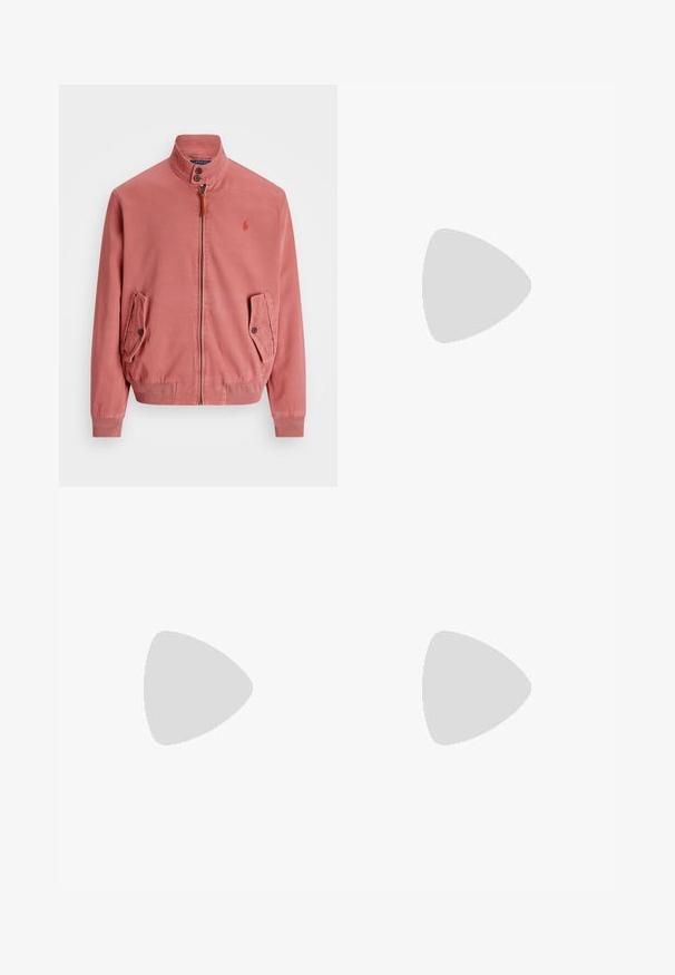 Polo Ralph Lauren GARMENT-DYED CHINO JACKET - Windbreaker - adirondack berry; White long-sleeve T-shirt made of cotton. Features a round neckline, ribbed cuffs, and a small navy blue polo logo on the left chest.; Off-white casual pants with elastic waistband and drawstring, straight legs, and side pockets against a plain background.; White and light beige athletic sneaker, featuring a mesh upper, perforated detailing, and a textured midsole with branding on the heel.