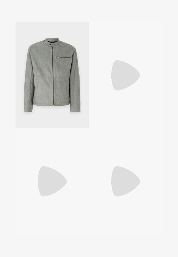 Veste en suede gris avec col montant, fermeture éclair à l'avant et poche poitrine zippée. Elle se distingue par sa texture lisse et sa coupe ajustée.; T-shirt gris à manches courtes avec un col rond, fabriqué en un doux tissu en mélange de coton. Design simple, sans motifs ni accents.; Jeans en denim bleu clair avec une coupe droite, présentant un design classique à cinq poches, une fermeture à bouton et des coutures contrastantes.; Baskets avec une tige en mesh bleu marine, des accents en suède gris, une semelle en caoutchouc blanc et des lacets plats blancs, conçues pour le confort et la respirabilité.