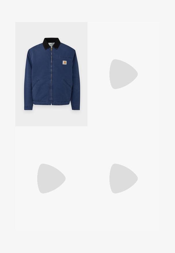 Carhartt WIP DETROIT JACKET - Winter jacket - air force blue; Blue cotton t-shirt featuring a crew neckline, short sleeves, and a left chest pocket with a logo patch. Smooth texture, casual design.; Dark blue denim trousers with wide legs, featuring a high waist, front pockets, and contrasting white stitching along seams.; Blue and white athletic shoes with textured fabric, prominent rubber sole, and black accents. Features laces and a cushioning design.