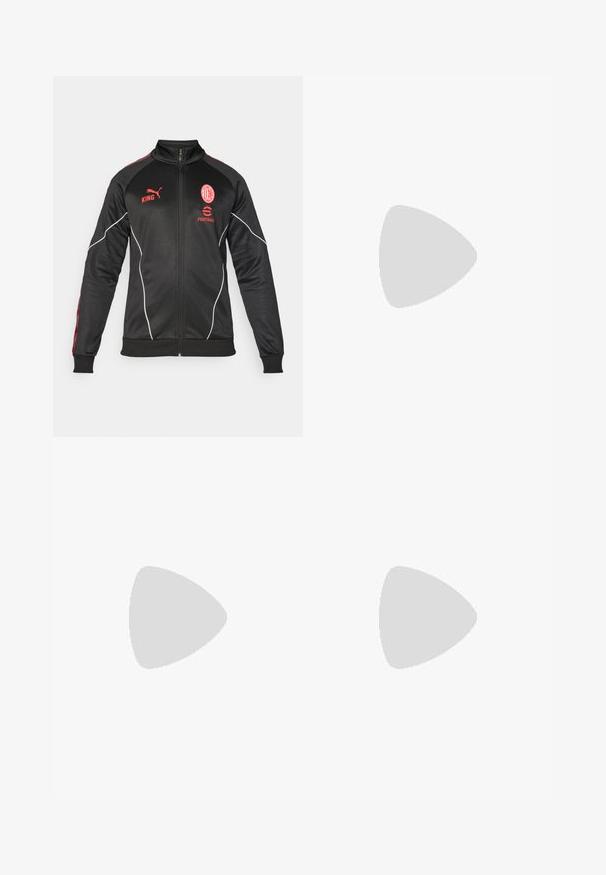 Zwarte sportjas met rode accenten, ritssluiting, hoge kraag, Puma-logo en teamembleem. Beschikt over een gestructureerde stof en witte piping-details.; Zwarte t-shirt met korte mouwen van zachte stof. Heeft een gouden "KING" logo en een gouden Puma logo op het linkerborstgebied.; Zwarte sportbroeken met gele logos van Borussia Dortmund BVB 09 en Puma King, een elastische tailleband en gestreepte gele zijpanelen.; Puma sneakers in wit en zwart suède, met een bruine rubberen zool. Gecombineerd met witte sokken met een zwart logo, gedragen met donkere broek.