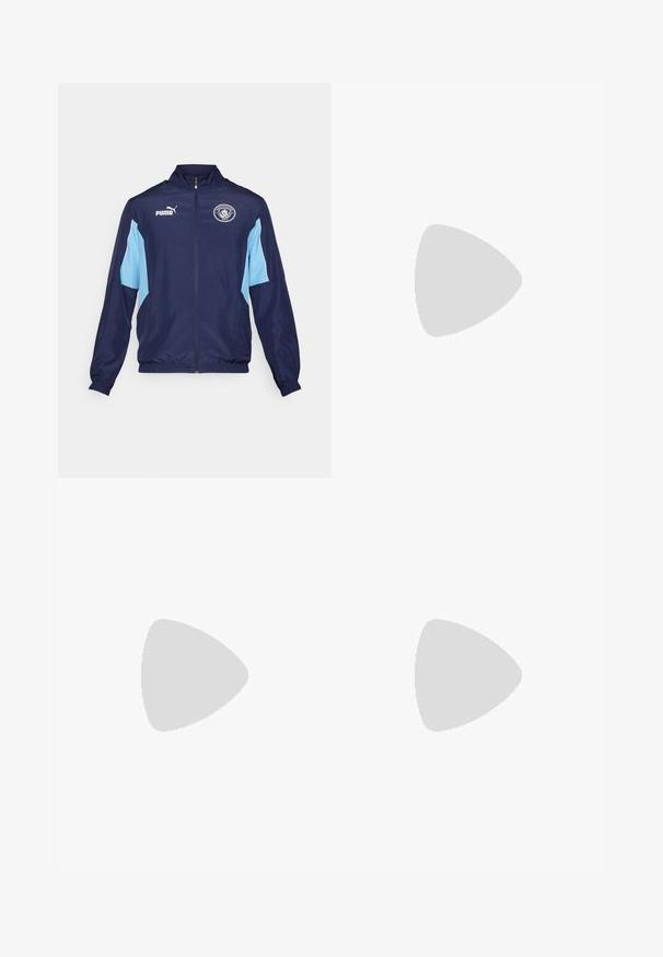 Marineblauwe sportjas met lichtblauwe accenten, volledige rits, staande kraag, elastische manchetten en met het Manchester City-logo op de borst.; Witte katoenen t-shirt met zwarte "PUMA" en "MINECRAFT" logo's op de voorkant, met een groen Minecraft Creeper embleem aan de onderzijde.; Zwarte sportieve broek van lichtgewicht stof. Bevat een elastische tailleband, zijzakken en een reflecterend ontwerp van een poema op het onderbeen.; Zwarte sportieve schoen met een glad synthetisch bovenwerk, gestructureerde accenten en een gumrubberen zool, ontworpen voor prestaties en comfort.