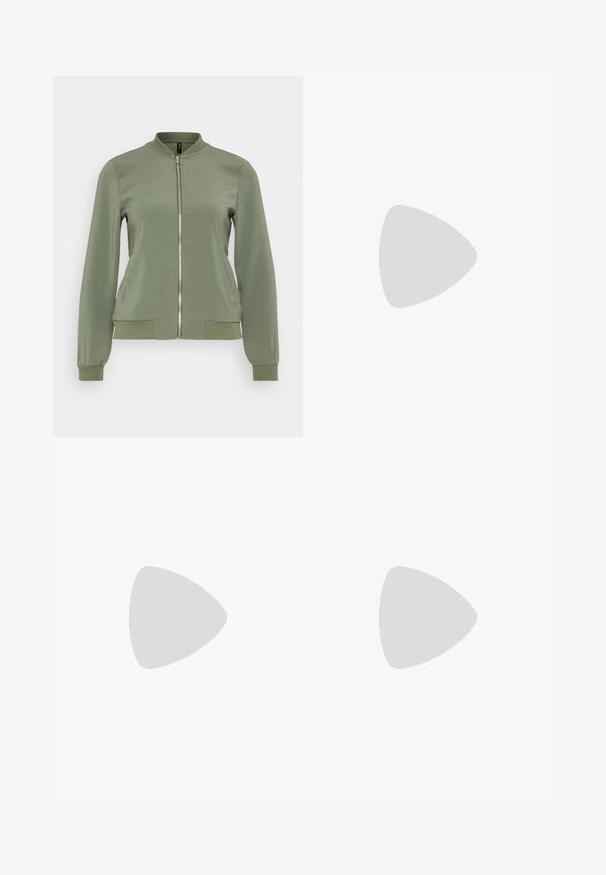 Veste bomber vert clair en tissu lisse, avec col et poignets côtelés, fermeture éclair à l'avant et poches latérales avec accents côtelés.; Ensemble de trois crop tops côtelés en blanc, vert clair et noir. Chacun possède un col rond et une conception sans manches. Matériau en coton doux.; Pantalons noirs légers à jambe large avec une taille élastique et un cordon de serrage. Texture lisse, sans motifs ni accents visibles.; Chaussure à talon haut en cuir noir avec un bout pointu, un design incurvé et un talon fin de 5 cm. Texture lisse avec peu d'ornements.; Lunettes de soleil en écaille de tortue avec des verres rectangulaires marron, une monture épaisse et des branches fines présentant un motif de nuances variées de marron.; Boucles d'oreilles en or avec une finition lisse et brillante. Design circulaire présentant un petit clou et une attache transparente pour un port sécurisé.
