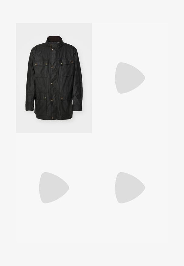 Belstaff FIELDMASTER JACKET - Summer jacket - black; Black long-sleeve t-shirt made of cotton, featuring a round neckline and a small green embroidered crocodile logo on the left chest.; Black pants made of cotton blend fabric, featuring a straight cut, elastic waistband with button, and no visible patterns or accents.; Black suede lace-up ankle boot with pull tab and textured sole, featuring small embossed crocodile logo on the side.