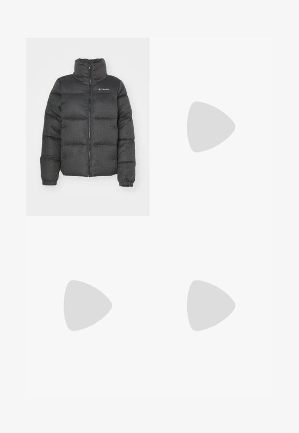 Puffa bunda ve tmavě šedé barvě s vysokým límcem, polstrovanými částmi, předním zipem a logem umístěným v levém horním rohu. Měkká textura.; Černé bavlněné tričko s krátkými rukávy a kulatým výstřihem, na hrudi má bílé logo Adidas. Jednoduchý design, uvolněný střih.; Černé široké tepláky vyrobené z měkké tkaniny, s elastickým pasem a malým logem na levé straně.; Bordové semišové tenisky s bílými třemi pruhy a béžovými akcenty. Mají texturovanou gumovou podrážku a zlaté logo na boku.