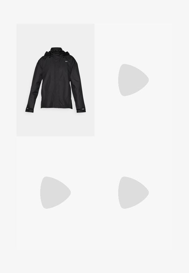 Nike Performance FAST - Windbreaker - black; Black short-sleeve t-shirt made of smooth fabric, with a crew neck and loose fit. Features side slits for added comfort and breathability.; Navy blue capri leggings made of stretch fabric, featuring a wide waistband and a small white logo on the left side. No visible seams.; Black athletic shoe with white logo, textured fabric upper, lace closure, padded collar, and contrasting white sole with patterned traction.