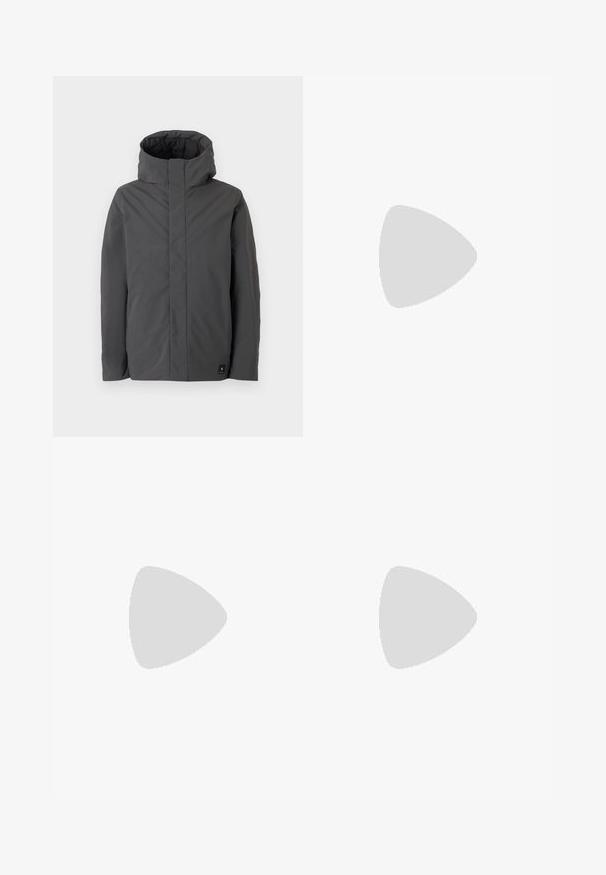 Gray, mid-length jacket with a high collar and minimal design. Features a smooth texture and a small brand logo on the lower left.; White cotton t-shirt with a relaxed fit, featuring a small black graphic logo on the left chest area. Short sleeves, crew neck style.; Black trousers made of smooth fabric, featuring a zip fly, button closure, and rolled cuffs for a casual design.; Black low-top leather sneaker with black laces and off-white sole shown in side profile on white background.