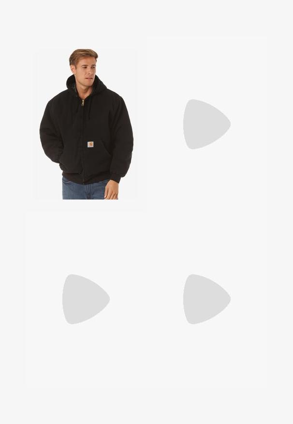 Carhartt WIP ACTIVE JACKET - Light jacket - black; Black cotton t-shirt featuring a crew neckline, short sleeves, and small white logo text on the left chest. Simple design, classic fit.; Black cargo pants made of sturdy fabric, featuring multiple pockets, a button closure, and a slim fit design with tapered legs.; Black low-top sneaker with white stripes, black laces, textured black sole, and white heel accent, branded "JACK & JONES" on side.