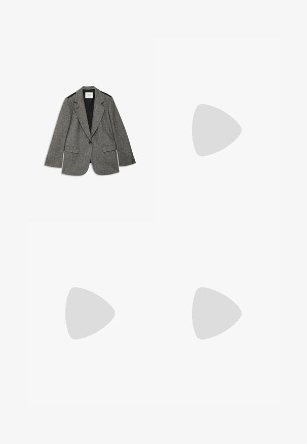 Gray herringbone blazer with a structured design, notch lapels, two front pockets, and black accents on shoulders. Single-button closure.; White long-sleeve turtleneck sweater with a small navy blue polo player logo on the left chest.; Beige wide-leg pants made of smooth cotton, featuring a classic waistband and back pocket, with a straight cut and minimal detailing.; Tan suede Chelsea boots with elastic side panels, a thick brown rubber sole, and a pull tab at the back.; Brown pebbled leather tote bag with two handles, a small attached tag, and a subtle logo on the front. Smooth texture with structured shape.