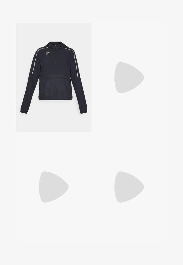 Czarna kurtka typu pulower z kapturem, z połową zamka z przodu, elastycznymi mankietami i paskiem w talii. Posiada białe akcenty wzdłuż oraz zamek błyskawiczny z przodu.; Czarny bezrękawnik sportowy wykonany z gładkiego materiału. Posiada okrągły dekolt i małe białe logo Adidas na piersi.; Czarne sportowe spodnie z elastycznego materiału, o dopasowanym kroju, z dwoma zapinanymi na zamek bocznymi kieszeniami i logo na dolnej części nogawki.; Czarna sportowa buty z białymi paskami, siateczkowa cholewka, amortyzowana podeszwa i smukły design. Akcenty szarości na pięcie i języku.