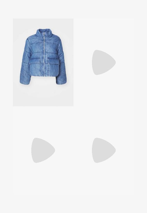 Cropped blue denim puffer jacket with a high collar, front zipper, two large patch pockets, and stitched detailing throughout.; White cable-knit turtleneck sweater with a cropped silhouette, featuring ribbed cuffs and hem. Soft texture with a cozy, chunky design.; Dark blue wide-leg jeans made from denim, featuring gold stitching, a button closure, and front pockets. Smooth texture, casual design.; Black leather ankle boot with a pointed toe, a sleek silhouette, and a chunky square heel. Smooth texture with minimal stitching details.; Black fabric bag with a single, wide shoulder strap. Soft, semi-structured shape and smooth texture; minimal design, without visible hardware.