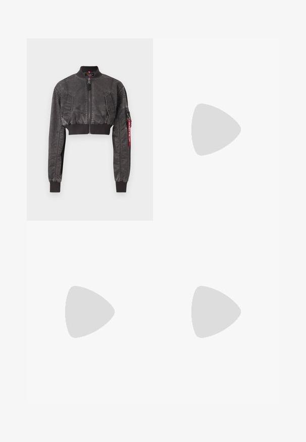 Cropped bomber jacket in black with a textured finish, zip closure, ribbed cuffs, and shoulder patches. Features a red tag on the sleeve.; Set of three short-sleeve t-shirts in black, gray, and white. Made from cotton, featuring a crew neck and a simple, solid color design.; Dark green wide-leg pants feature a textured floral pattern, five-pocket design, and metal button closures at the waist.; Black leather loafers with a smooth texture, stitch detailing, and a rounded toe, paired with white tailored pants.