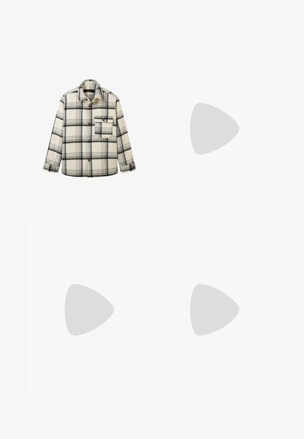 Cămașă din flanel de culoare crem cu un model în carouri negre. Are un front cu nasturi, guler și un buzunar pe piept. Textură moale și croială lejeră.; Tricou alb cu maneci scurte, dintr-un material ribbed. Guler rotund, croi lejer, fără modele sau accente vizibile. Design simplu și versatil.; Pantaloni cargo albi cu o croială relaxată, închidere frontală cu nasture și multiple buzunare pe laterale, confecționați din material de bumbac durabil.; Tenisi din suede bej cu vârf rotund, sistem de șireturi în față și un accent texturat în spate. Talpa albă din cauciuc oferă un contrast. Design simplu și modern.