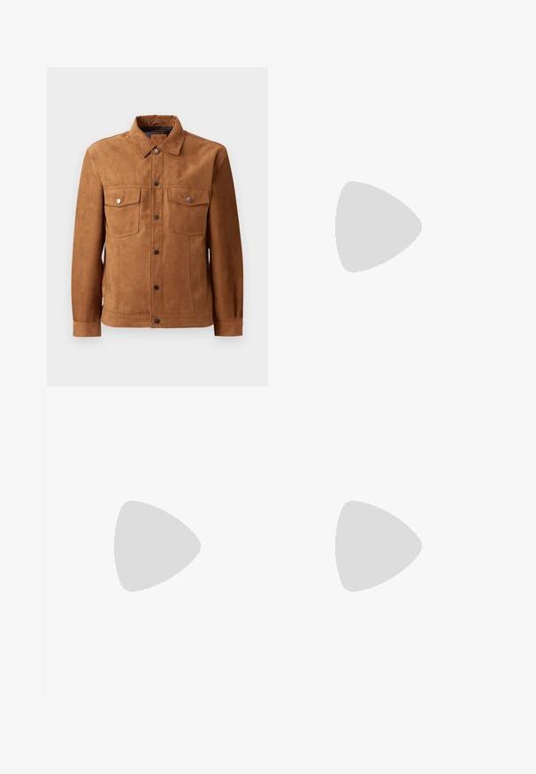 Brown suede jacket featuring a classic collar, two chest pockets, front button closure, and long sleeves with buttoned cuffs.; Beige, knitted sweater with a high, ribbed turtleneck. Features a textured cable pattern and ribbed cuffs and hem, offering a cozy appearance.; Light blue denim jeans with high waist, front button, zipper, and five-pocket design, laid flat on a neutral background.; White sneaker with black and gray accents, featuring a textured gray toe cap, black rubber sole, and flat white laces. Clean design, minimalist style.