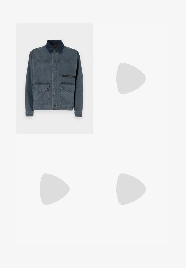 Denim jacket in dark blue with a contrast collar. Features large front pockets and a zippered chest pocket. Classic button closure.; Black short-sleeve T-shirt made from ribbed fabric. Features a round neckline and a relaxed fit with a smooth texture. Back view only.; Black trousers made from cotton. They have a straight-leg design with a zipper fly and button closure at the waist. Simple and unadorned.; Black leather loafers with a smooth finish, moccasin-style upper, stitched detailing, and a rubber sole. Classic design with a low heel.