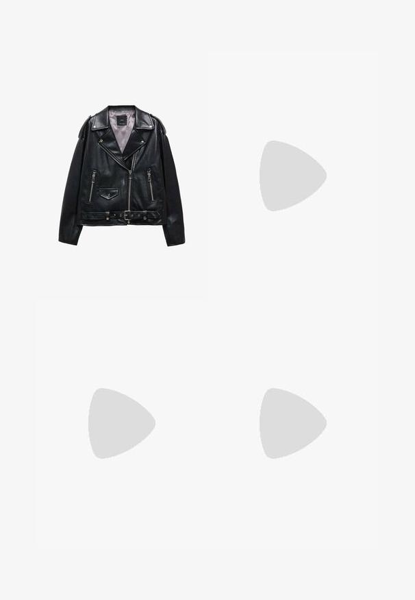 Mango Imiteret læderjakke - black; To kjoleløse ribbede turtleneck-toppe i sort og hvid, med en tætsiddende design og glat tekstur, samt cropped længde.; Sorte brede bukser lavet af letvægtsstof, med frontknaplukning og glat front, samt pænt syede kanter.; Sportsko med en overdel i hvid læder, grå ruskind på tåen og tre sorte striber. Har et blåt logo på tungen og en struktureret gummisål.