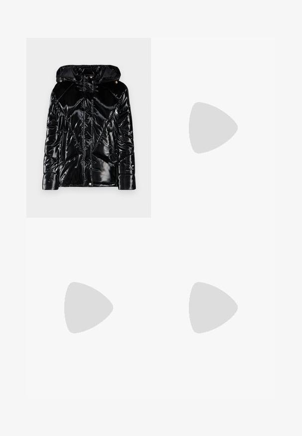 Black puffer jacket with a glossy finish, featuring a hood, zip closure, and diagonal stitching patterns. Designed with two side pockets.; Black mid-length dress with puff sleeves, square neckline, and tie-back detail. Made of smooth fabric with a fitted bodice and flowing skirt.; Silver metallic sandals with a minimal design, featuring thin straps and a black flat sole. Highlights include cross strap accents.; Black leather crossbody bag featuring a smooth texture, rectangular shape, and a metallic chain detail on the front. Adjustable strap included.; Gold-tone earrings with a curved, hoop-like design featuring a prominent silver spherical accent. Polished metal finish, post-back closure.