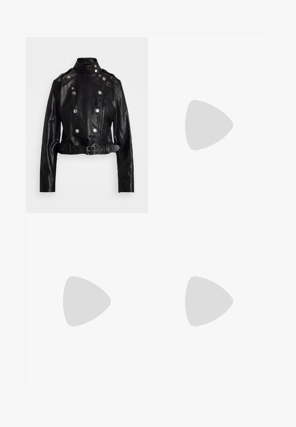Black leather motorcycle jacket with a high collar, asymmetrical zipper, silver button accents, and a belted waist. Features padded shoulders.; Black sleeveless cotton sweater with a round neckline. Features a small white logo on the lower left corner and ribbed trim.; Black flared trousers made from a smooth fabric, featuring a high waistband and full-length design. No visible patterns or accents.; Black heeled sandal with crossed straps and adjustable buckle. Features a smooth texture and tapered stiletto heel.