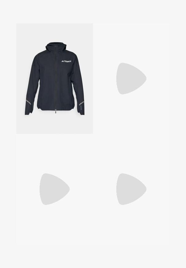 Adidas Terrex TERREX XPERIOR 2.5L LIGHT RAIN.RDY JACKET - Cortaviento - black; Camiseta negra de manga corta hecha de tejido ligero. Presenta un cuello redondo y un pequeño logo blanco "TERREX" en el pecho.; Pantalones impermeables negros con cintura elástica, bolsillos laterales con cremallera, piernas ajustadas y puños ribeteados en los tobillos. Presentan acentos del logotipo.; Zapatos de senderismo en negro y gris con una superficie texturizada, suela de goma y tres franjas grises prominentes en el lateral; cuentan con un sistema de cordones rápido.