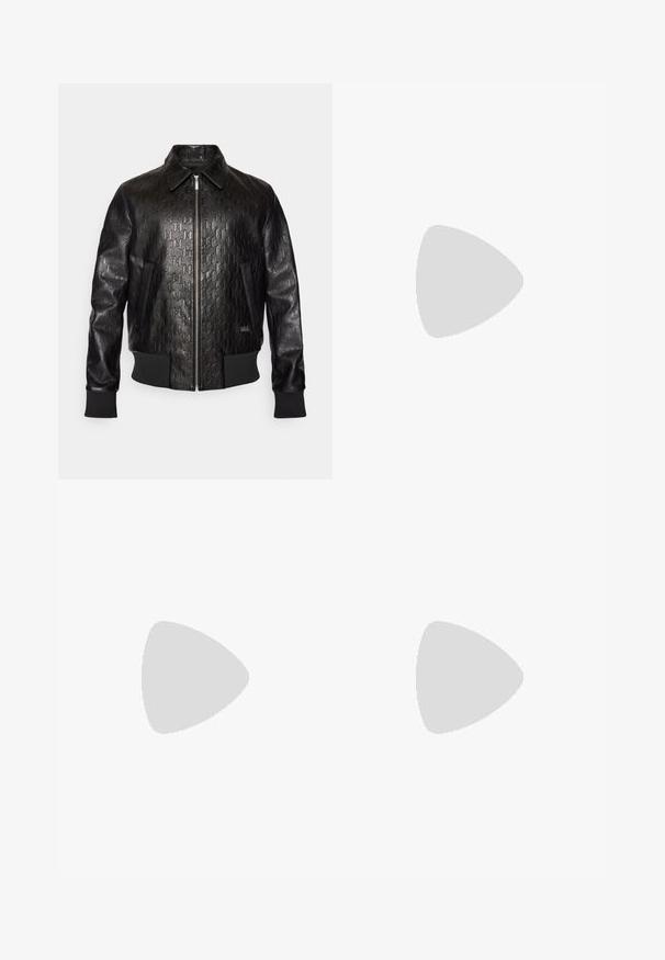 KARL LAGERFELD BLOUSON - Casaco de couro - black; T-shirt de algodão preto com decote redondo, mangas curtas e um pequeno logotipo de crocodilo verde no lado esquerdo do peito. Textura suave, design casual.; Calças de treino brancas com cintura elástica, apresentando riscas pretas nas laterais e punhos. Feitas de um tecido suave com uma textura lisa.; Sapatilha atlética preta com um upper texturizado, três riscas horizontais e uma sola branca com um padrão de piso. Design leve e aerodinâmico.