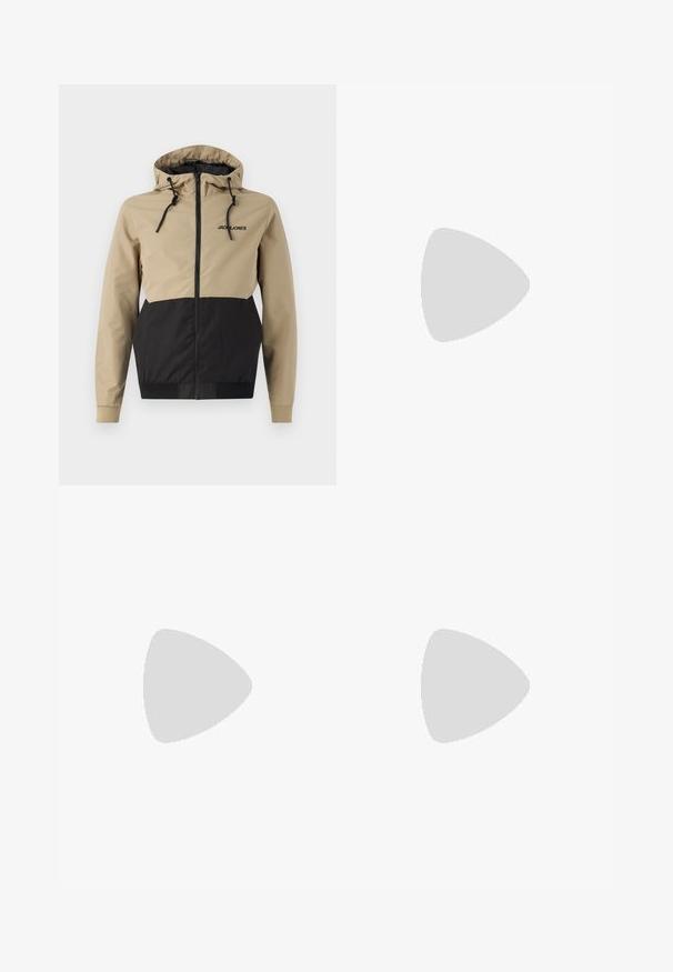 Hettejakke med beige overdel og svarte underpaneler, laget av glatt materiale med snorer og glidelås foran.; To t-skjorter med rund hals i svart og olivengrønn, laget av myk bomullstoff. Designet er enkelt med korte ermer og rett snitt.; Sorte treningsbukser laget av teksturert stoff, med justerbart liv, glidelåslomme på siden og avsmalnende mansjetter.; Hvit lær sneakers med en tykk kremfarget såle, marineblå hælakseent og sidemerke. Glatt tekstur, minimalistisk design, med snøring.