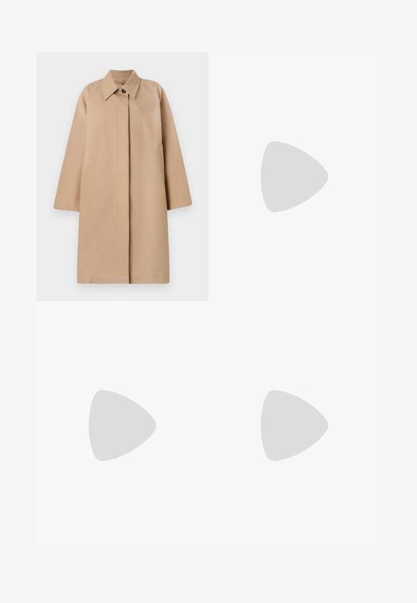 Beige long coat with a collared neckline, single button closure, loose sleeves, and side pockets. Smooth fabric and minimalist design.; White cropped long-sleeve shirt made of cotton. Features a button-up front, a chest pocket, and a small black logo on the bottom left.; Brown wide-leg trousers made from a smooth fabric, featuring a front button closure, two front pockets, and clean, tailored lines.; Black leather slingback shoe with a pointed toe, featuring a woven accent and pleated upper design. Flat sole with minimal hardware.