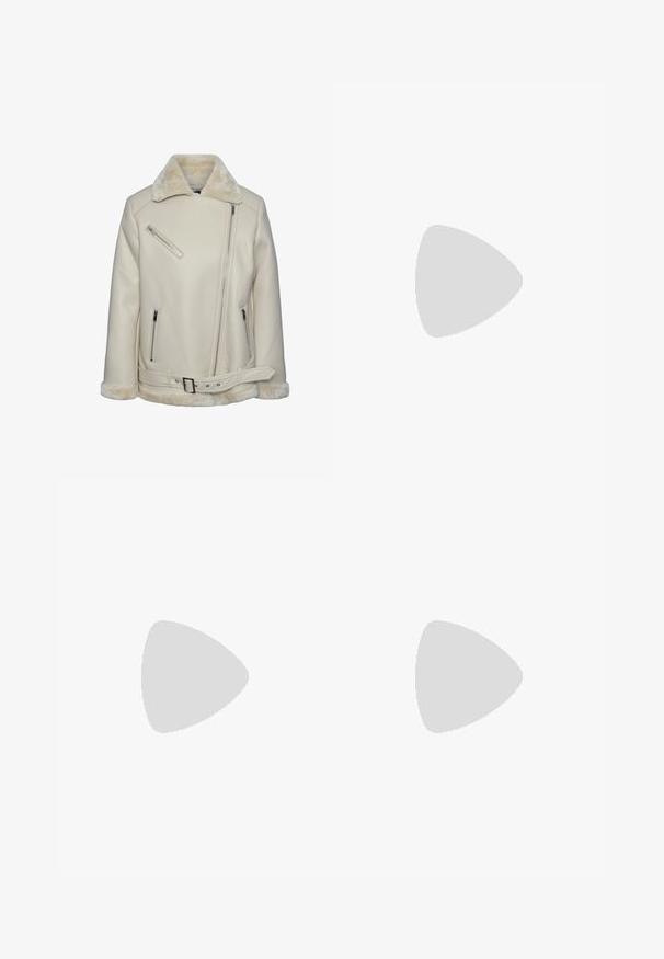 Pieces NORA AVIATOR - Faux leather jacket - birch; Gray knitted sweater with long sleeves, round neckline, ribbed cuffs and hem, featuring a soft texture and relaxed fit.; Light blue denim jeans with a high waist, wide leg design, and a faded finish. Features classic five-pocket styling and metal button closure.; Brown suede platform boots with elastic side panels and orange pull tabs, paired with a knee-length light denim skirt on a wooden floor.