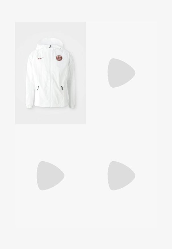Valge tuulebreaker jakk kapuutsiga, mille vasakul rinnal on marooni värvi PSG logo, lukuga küljetaskud ja elastsed mansetid.; Valge puuvillane T-särk, lühikeste varrukatega, ümar neel, ühtlane tekstuur, reastatud kuhjale, kaeluses peene brändinguga.; Sinised sportlikud treeningpüksid paelaga vööl, külgmiste lukuga taskutega, mustade detailide ja logo'dega: PSG embleem ja Nike'i sving.; Must musta sneaker tekstureeritud pinnaga, valge Nike logo, hall tald, ümar varv ja paeltega disain. Omab perforatsioone varbakasti peal.