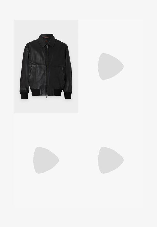 Black leather bomber jacket with a zip front. Features ribbed cuffs, a flat collar, and two side zip pockets. Smooth texture, classic design.; Long-sleeved white cotton shirt with a round neckline, side slits at the bottom, and a smooth texture, displayed from the back.; Light blue denim jeans with a straight-leg design, five pockets, button closure, minimal fading, and contrasting stitching details.; White sneaker with a smooth leather upper and a low profile. Features a rounded toe, six eyelets, and a textured rubber sole.