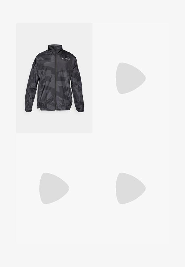 Sort letvægts vindjakke med mat finish, lynlåslukning, høj krave og subtil geometrisk mønster. Har Terrex-logo.; Sort t-shirt med korte ærmer lavet af letvægtsstof. Har et lille hvidt logo på venstre bryst og diskrete skuldrelementer.; The North Face HORIZON PANT - Outdoorbukser - black; Sort trail løbesko med en struktureret overdel, gummisål og forstærket tåhætte. Har en polstret krave og en pull-tab til nem påtagning.