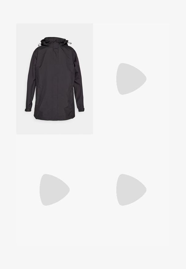 Schwarze wasserdichte Jacke mit Kapuze, mit elastischen Bündchen und zwei Seitentaschen. Glatte Textur und einfaches, funktionales Design.; Schwarzes Kurzarm-T-Shirt aus leichtem Stoff. Verfügt über einen Rundhalsausschnitt und ein kleines, weißes "TERREX"-Logo auf der Brust.; Schwarze, leichte Outdoor-Hosen mit elastischem Bund, Seitentaschen und einem Logo am oberen rechten Bein. Glattes, wasserabweisendes Material.; Lila und grauer Sportschuh mit Obermaterial aus Mesh, dreifacher Streifendesign, gepolstertem Sohlen, strukturierten Akzenten und verstärkter Zehenkappe.