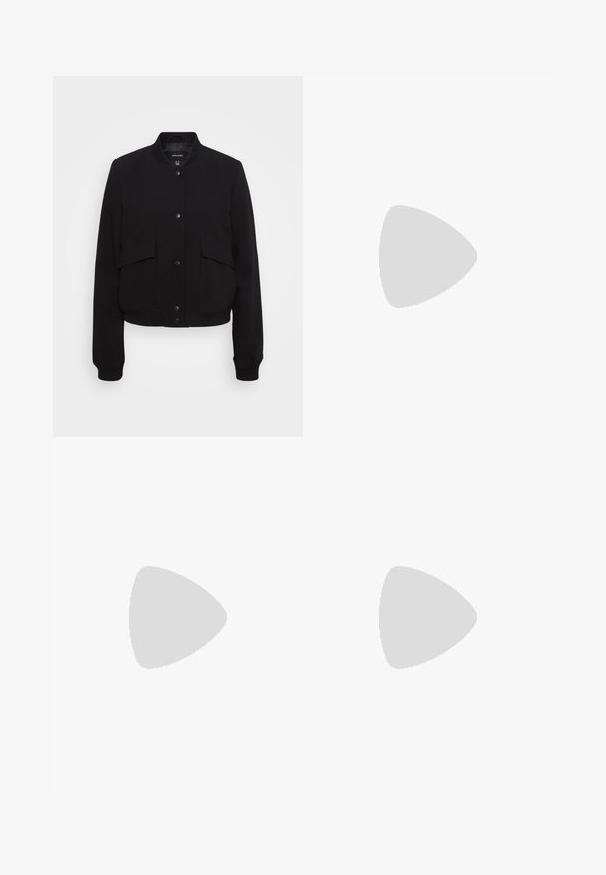 Vero Moda Tall VMAMALA JACKET - Bomber jakna - black; Črne in bele majice, okrogli vrat, kratki rokavi. Črna majica ima richelieu vezenje sonca v rumeni barvi; bela ima vijolični naglavni mesec.; Črne, lahke hlače z elastičnim pasom in nabranimi gležnji. Tkanina je gladka in ima sproščen, taperiran dizajn.; Črne usnjene klasične čevlje z ostrim nosom, z zaponko za gleženj in debelim peto. Ravna tekstura, eleganten dizajn in minimalistična estetika.
