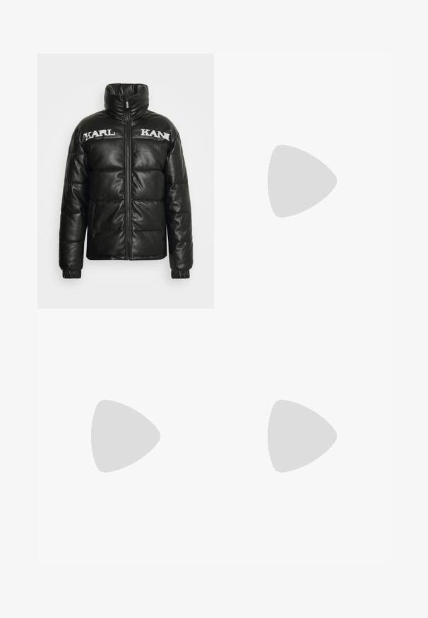 Črna puhovka iz umetnega usnja, z visokim ovratnikom, zadrgo in elastičnimi manšetami. Logotipa "KARL" in "KAN" na prsih.; Nike črna bombažna majica z klasičnim okroglim izrezom, kratkimi rokavi in subtilnim, vtisnjenim logotipom na prsih. Gladka tekstura.; Črne trenirke iz mehkega materiala z elastičnim pasom, vrvico in majhnim logotipom Nike na levem stegnu.; Črne športne čevlje z teksturirano tkanino in gumijastimi podplati, ki imajo elastične vezalke ter modre poudarke na peti. Nosi se z lahkimi denim hlačami.