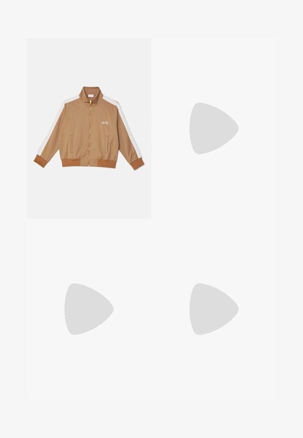 Brown zip-up jacket made from smooth fabric, featuring white striped accents on sleeves, two side pockets, and a gold zipper.; Black cotton t-shirt with a round neck and short sleeves; features red embroidered "Emporio Armani" logo and heart on the chest area.; Black trousers made of lightweight fabric, featuring an elastic waistband, side pockets, and rolled cuffs. Smooth texture with front pleats.; Black leather sneaker with a low profile, rounded toe, and lace-up closure; features a textured rubber sole and logo detail on the heel.