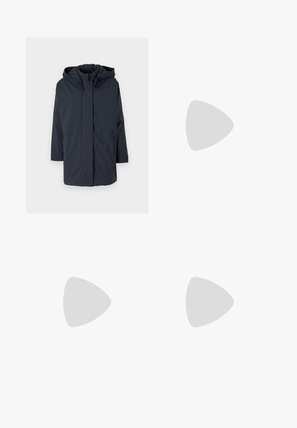 Navy blue, padded parka jacket with a hood, long sleeves, front zip, and side pockets. Smooth fabric with no visible patterns or accents.; White cotton t-shirt with short sleeves, round neckline, and a relaxed fit. Smooth texture, no patterns or accents, minimalistic design.; Light blue denim jeans with a high waist, wide-leg cut, two side pockets, and pleated design feature. Soft texture with a faded finish.; Black pointy-toed slingback shoe with a low heel, featuring smooth leather material and cut-out design on the side for breathability.