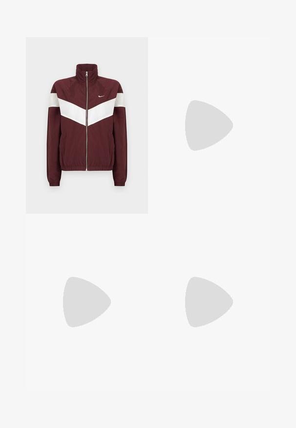 Bordo värvi tuulejakk valgete chevron-ribadega, kõrge krae, ees lukk, elastsed varrukate ja ääred; Nike logo vasakul rinnal.; Kollektsioon kolm lühikese varrukaga T-särki mustas, hallis ja valges värvitoonis. Valmistatud puuvillast, ümmarguse kaelusega ja lihtsa, ühevärvilise disainiga.; Tumedad rohelised laiad püksid, millel on tekstuurne lillemuster, viie tasku disain ja metallist nupud vööl.; Mustad musta nahast loafers, millel on sile tekstuur, õmblustäiendused ja ümar nina, koos valgete kohandatud pükstega.