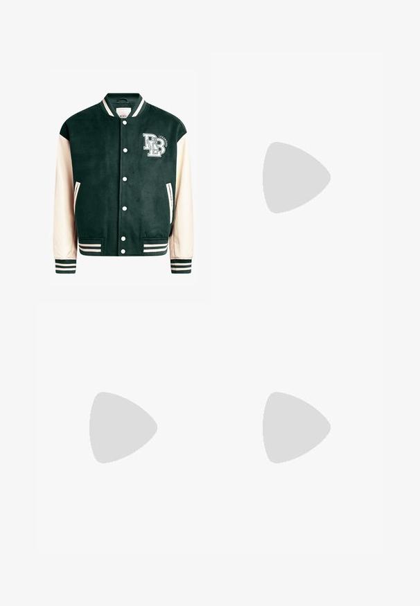 Casaco varsity verde escuro com mangas creme, punhos e colarinho canelados. A parte da frente apresenta um logotipo com letras brancas, botões de pressão e bolsos laterais.; Pessoa jovem com cabelo trançado a usar uma camiseta Nike cinza claro e calções Nike pretos em fundo branco liso.; Calças cargo bege em um material de algodão leve. Apresenta punhos elásticos, múltiplos bolsos laterais e um fecho de botão.; Sapatilhas de couro branco com perfurações, biqueira redonda, sola plana e atacadores grossos, apresentando um logotipo swoosh visível e "AIR" no calcanhar.