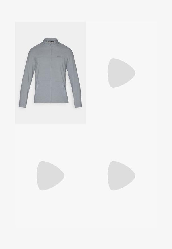 TravisMathew VALLEY VIEW - Jakna za treniranje - heather grey; Crna kratkodlaka atletska majica izrađena od tkanine koja odvodi vlagu i elastična je. Ima okrugli izrez i mali bijeli logo na prsima.; Plave i mornarsko plave trenirke s elastičnim pojasom, bočnim džepovima i detaljima u stilu cargo. Izrađene od mekanog, prozračnog materijala.; Crne i sive atletske cipele s mrežastim gornjim dijelom, reflektirajućim detaljima i bijelim među-djelom. Imaju strukturiranu gumenu potplate i vezice.
