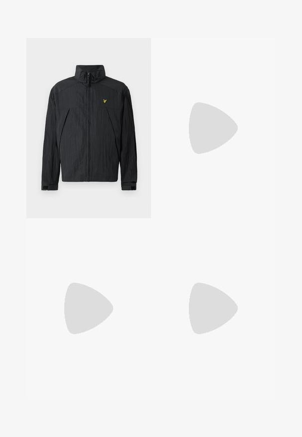 Black lightweight jacket with a crinkled texture, high collar, front zipper, and a small yellow logo accent on the chest.; White cotton t-shirt with black ribbed neckline and sleeves, featuring three black stripes on each shoulder and a small logo on the chest.; Black athletic pants with white three-stripe accent on the sides, elastic waistband, and a small logo near the hip. Smooth fabric texture.; Sport shoes with a white leather upper, gray suede toe, and three black stripes. Features a blue logo on the tongue and a textured rubber sole.