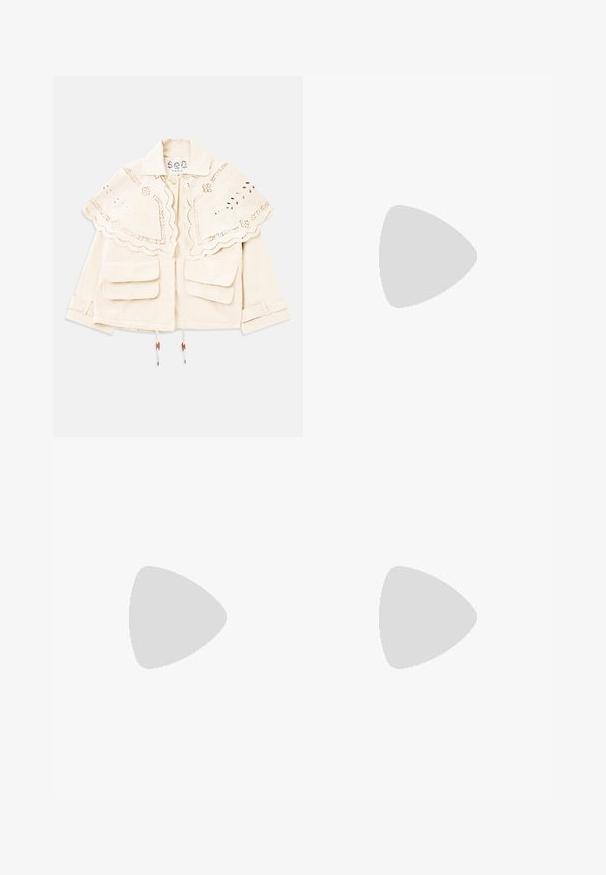 Cream jacket with scalloped, embroidered cape collar, two front flap pockets, button closure, and adjustable sleeve straps.; White long-sleeve button-up shirt with lace trim on cuffs and hem, featuring a mandarin collar and subtle decorative stitching.; White denim shorts with a straight cut, five-pocket design, front button closure, silver hardware, and stitched detailing.; Black leather slingback shoe with a pointed toe, featuring a woven accent and pleated upper design. Flat sole with minimal hardware.