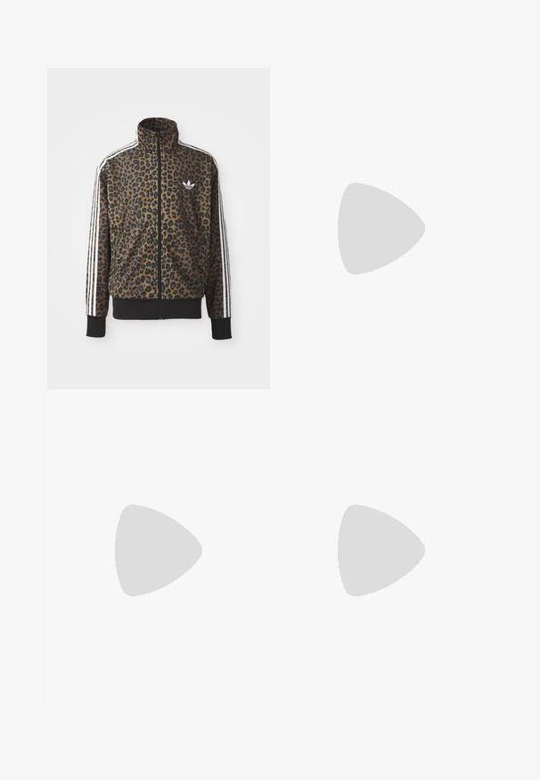 Leopardprint zip-up jas in bruin en zwart, met witte drie-strepen accenten op de mouwen en een zwarte ribgebreide zoom. Klassiek Adidas-logo.; Drie witte geribde tanktops van katoen. Kenmerken zijn een ronde hals en kleine zwarte labels nabij de zoom. Verkrijgbaar in meerdere maten.; Zwarte sportbroek met een elastische tailleband, gemaakt van gladde stof, met subtiele zijnaad en een relaxte pasvorm, recht gesneden.; Zwarte sneakers met een bovenwerk van suède en synthetisch materiaal, voorzien van drie witte strepen, een gestructureerde rubberen zool en een blauw logo-label op de tong.