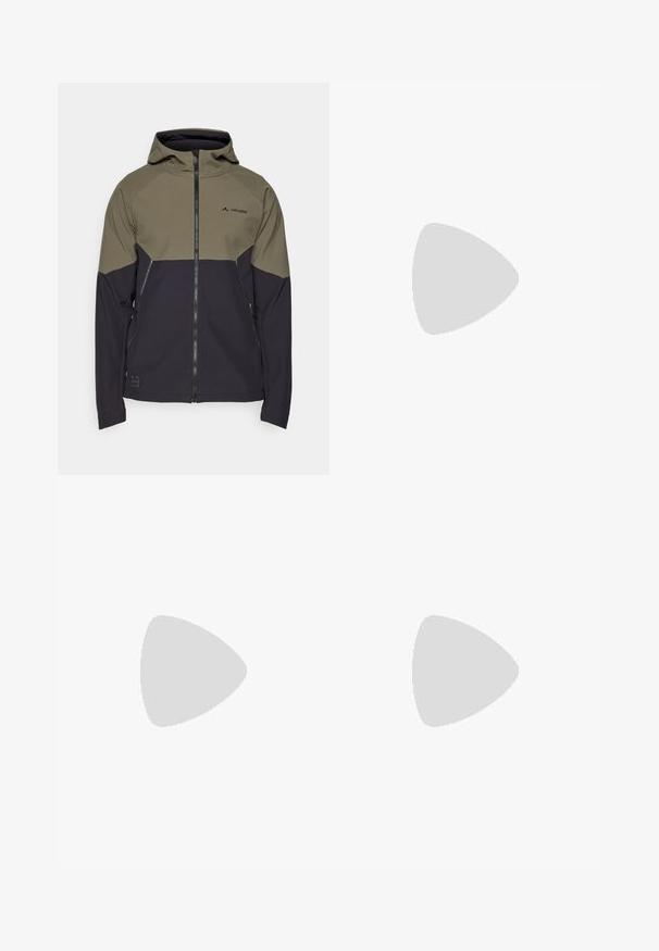 Kapuzenshirt mit einem olivgrünen und dunkelblauen Farbkombinationsdesign, aus dehnbarem Stoff gefertigt, mit Reißverschlusstaschen und Logoschriftzug.; Schwarzes T-Shirt mit kurzen Ärmeln aus leichtem Stoff, mit einem hellgrauen "TERREX"-Logo auf der Brust und einem Rundhalsausschnitt.; Khaki Outdoor-Hosen mit verstellbarem schwarzen Gürtel, Reißverschlusstaschen, schmal zulaufenden Bündchen und abnehmbaren unteren Beinen für vielseitige Stylingmöglichkeiten.; Graue Kletterschuhe mit einer strukturierten Oberseite, schwarzer Gummi-Zehenkappe, drei dunklen Streifen und einem kleinen roten Akzent an der Sohle.