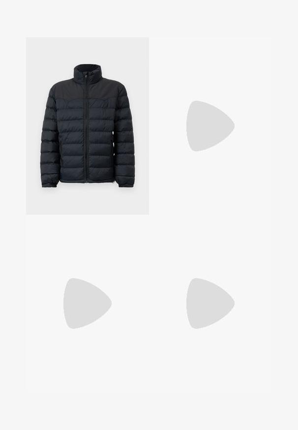 Black puffer jacket with a high collar, horizontal stitching, front zipper closure, and elastic cuffs. Smooth, insulated fabric design.; Dark gray zip-up hoodie with front pockets, adjustable drawstring hood, and large black outlined "GAP" letters across the chest.; Maroon short-sleeved t-shirt, made of smooth cotton fabric, features a classic crew neckline and a relaxed fit with no visible patterns or accents.; Black denim jeans with a straight leg cut, featuring a zipper fly, front pockets, and a classic five-pocket design. Soft, sturdy texture.; Beige cotton pants with playful embroidered designs including a pink character and colored block, paired with black lace-up sneakers.