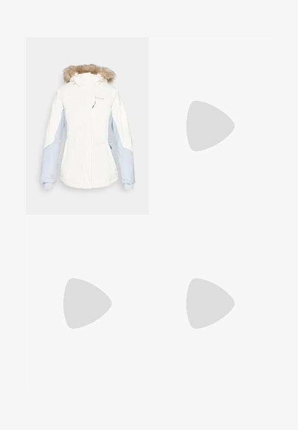 Weiße und hellblaue Damenjacke mit fellgefütterter Kapuze, Reißverschlusstaschen und elastischen Bündchen. Wasserabweisender Stoff mit taillierter Passform.; Dunkelgraues Langarmshirt mit einem Grafikdesign von roten Bäumen und Bergen; das "COLUMBIA"-Logo in fett weißer Schrift. Weicher Stoff, klassischer Rundhalsausschnitt.; Marineblaue Hose aus glattem Stoff mit einem vorderen Knopfverschluss, schlankem Schnitt und gefalteten Details an den Knien.; Columbia PEAKFREAK - Hikingschuh - black