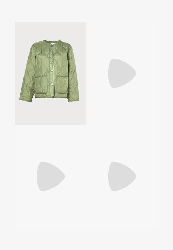 Quilted green jacket made of satin, featuring wave patterns, a round neckline, four buttons, and two front pockets.; White cotton t-shirt with short sleeves and a round neckline. Features a black Adidas logo on the chest and a contrasting black inner collar.; Cream-colored sweatpants with a relaxed fit, featuring dark brown side stripes and an embroidered logo on the left thigh.; Light beige suede sneaker with gum outsole, three diagonal stripes, and a textured toe cap. Features logo on the tongue and side.