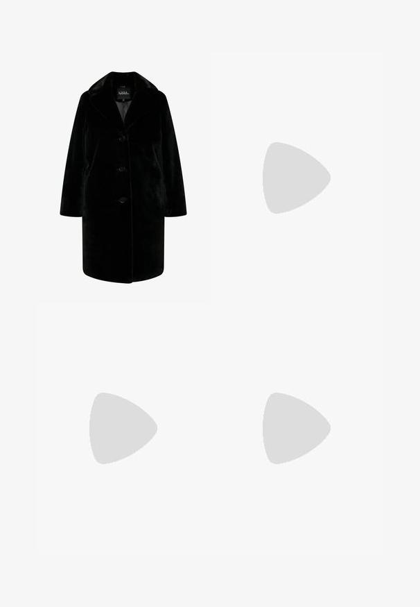 Abrigo de piel sintética negra con cuello de muesca, cierre de botón y silueta relajada. Textura suave con mangas largas y bolsillos laterales.; Vestido midi negro sin mangas con escote cuadrado, cierre frontal de botones y una abertura central, exhibido sobre un fondo blanco liso.; Zapatos de tacón slingback de charol negro con punta afilada y tacón geométrico en bloque. Presentan un diseño elegante y minimalista, así como una textura suave.; Bolso de piel negra con forma curva, correa desmontable y herrajes dorados. El bolso cuenta con una solapa con un detalle de hebilla.; Pendientes de aro rectangulares dorados con una textura suave y bordes redondeados. El diseño presenta una forma geométrica minimalista.