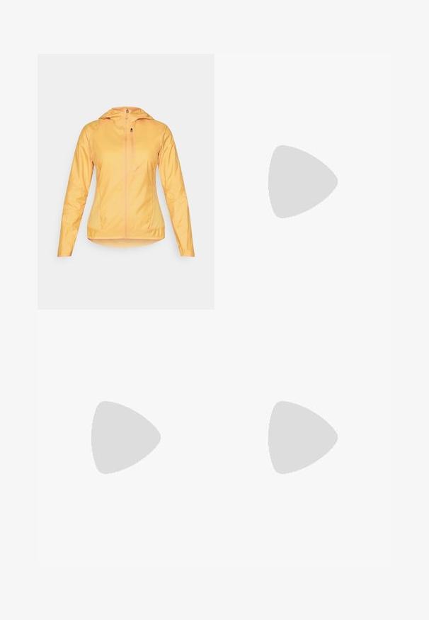 Chaqueta ligera con cremallera en un brillante color amarillo. Cuenta con capucha, mangas largas y dos bolsillos laterales. Textura suave y diseño elegante.; Top de entrenamiento negro con escote redondeado, diseño de espalda en forma de corredor y una tela texturizada. Presenta un pequeño logo en la esquina inferior derecha.; Pantalones cortos deportivos de color púrpura claro con una cintura elástica, tela suave y aberturas laterales para mayor movilidad. Sin logotipos ni patrones visibles.; Zapatilla deportiva beige y crema con parte superior de malla texturizada, superposiciones de soporte y suela de goma con un patrón de tracción.